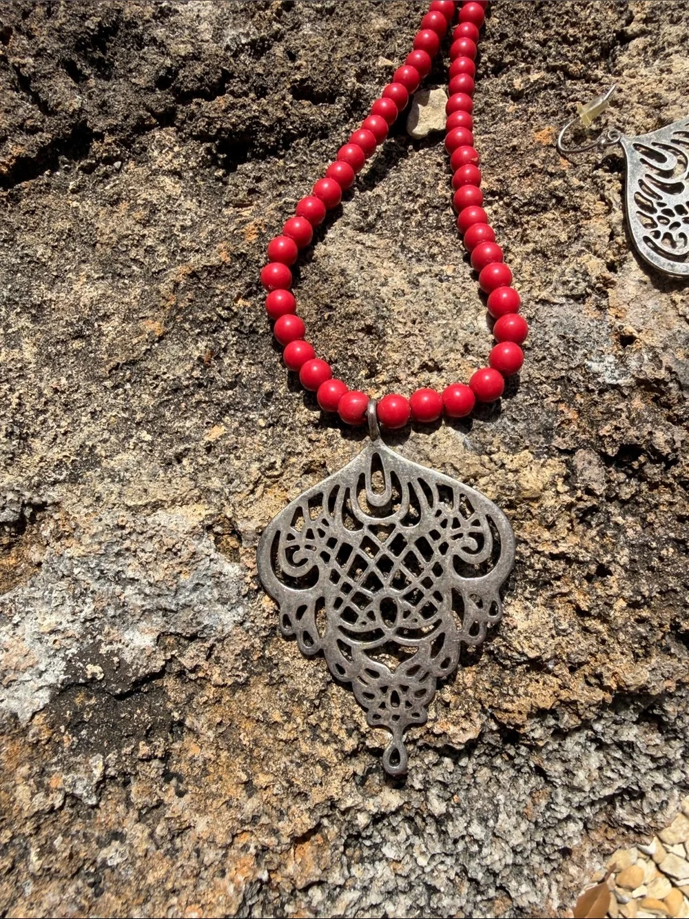 Lucky Brand Red Beaded Pendant Necklace with Filigree Charm
